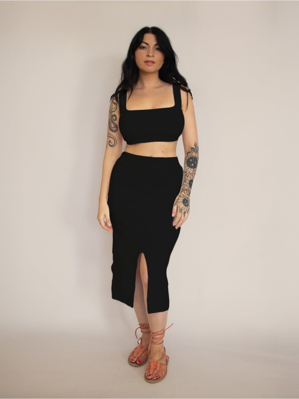 Black Midi Pencil Skirt with Front Slit - Women's